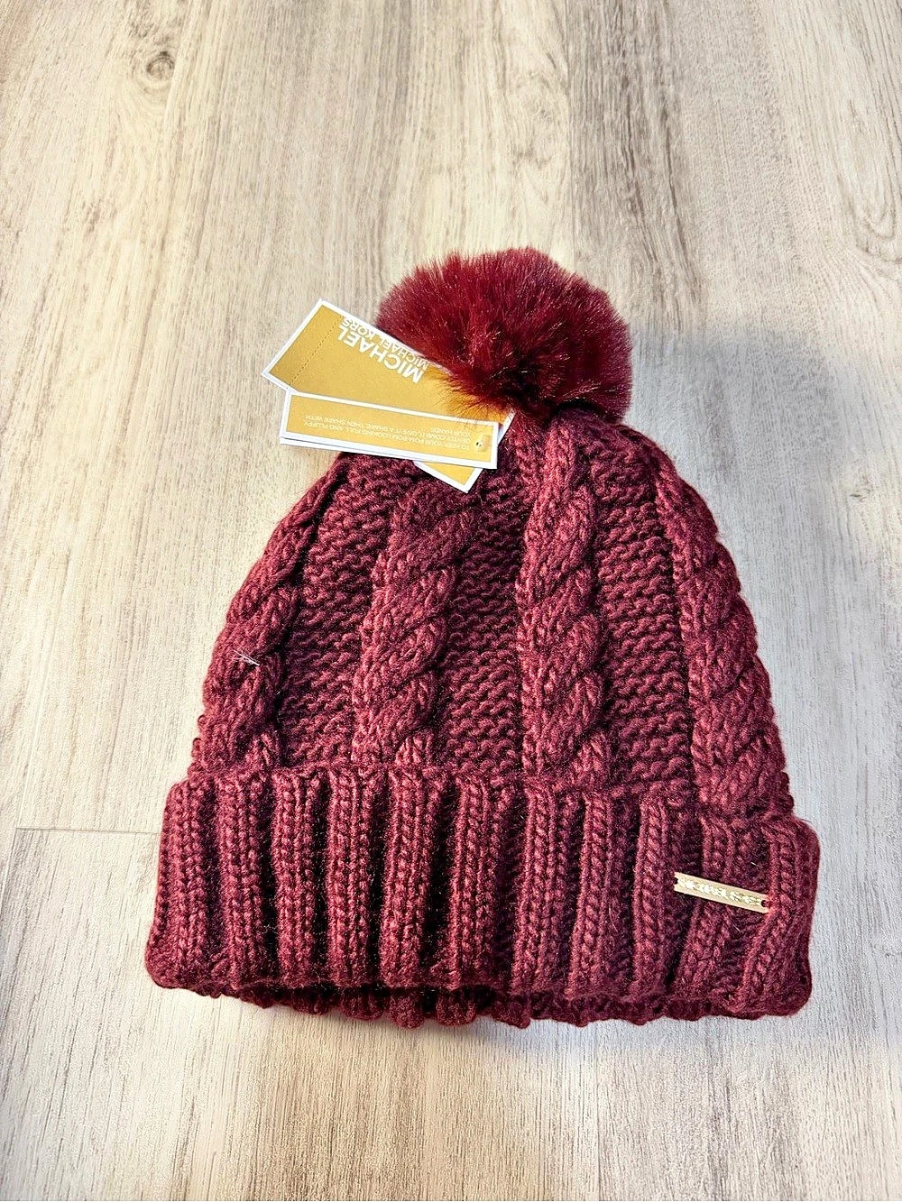Michael Kors Faux Fur Pom Cable Knit Beanie Burgundy